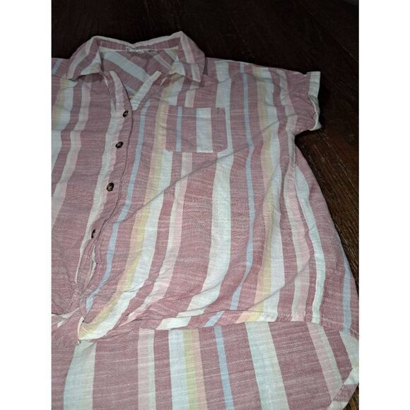 Small Pink Rose Short Cuff Sleeve Button Tie Knot  Waist Blouse Shirt Top - Picture 2 of 5